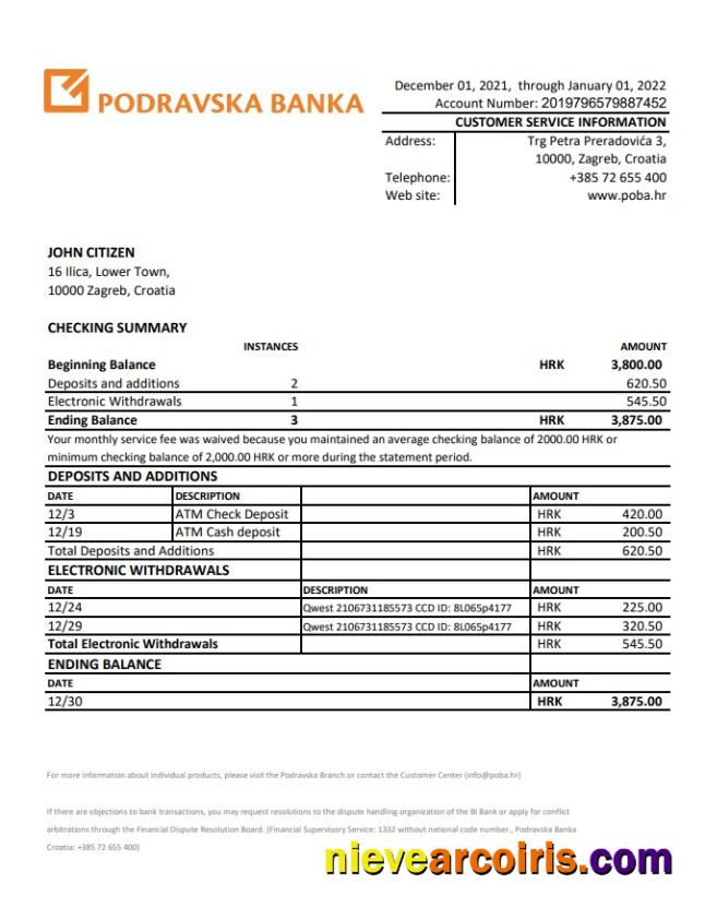 Croatia Podravska banka statement xls